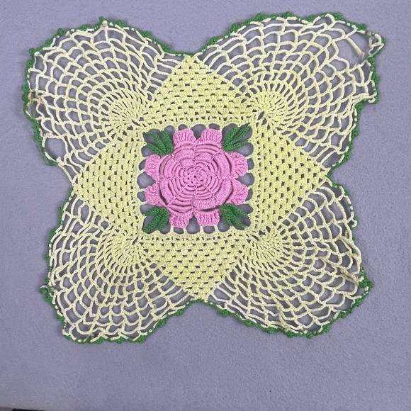 Crochet Doily Flower Centerpiece Accent Table Decor Handmade Lace Pink Yellow - Picture 1 of 13